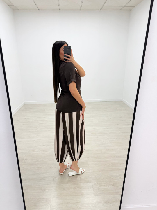 PANTALÓN GLOBO RAYAS - MARRÓN + BEIGE
