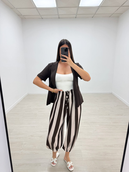 PANTALÓN GLOBO RAYAS - MARRÓN + BEIGE