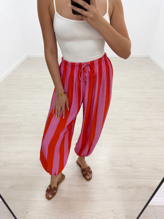 PANTALÓN GLOBO RAYAS - ROSA + NARANJA