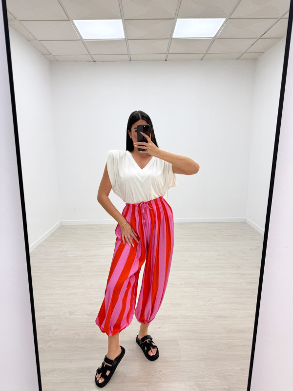 PANTALÓN GLOBO RAYAS - ROSA + NARANJA