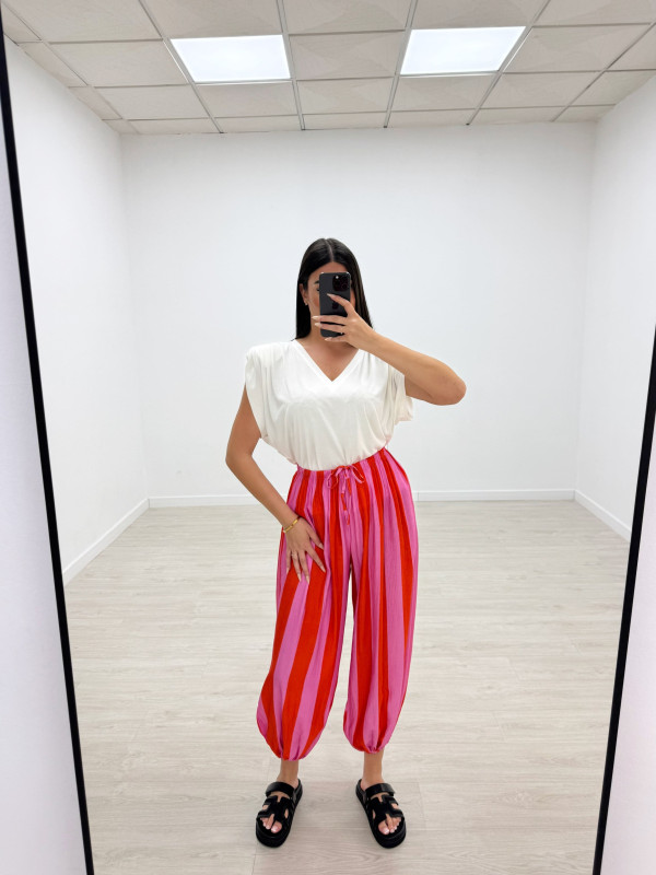 PANTALÓN GLOBO RAYAS - ROSA + NARANJA