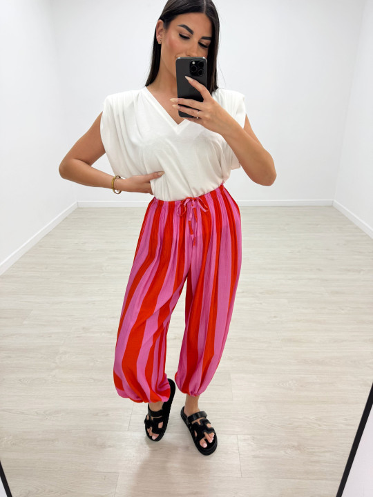 PANTALÓN GLOBO RAYAS - ROSA + NARANJA