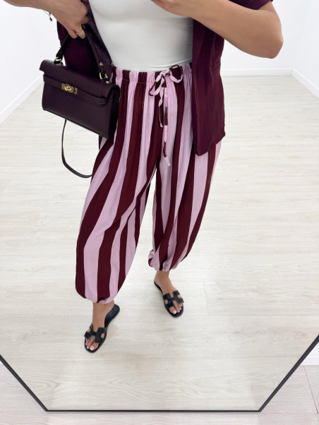 PANTALÓN GLOBO RAYAS BURDEOS + ROSA