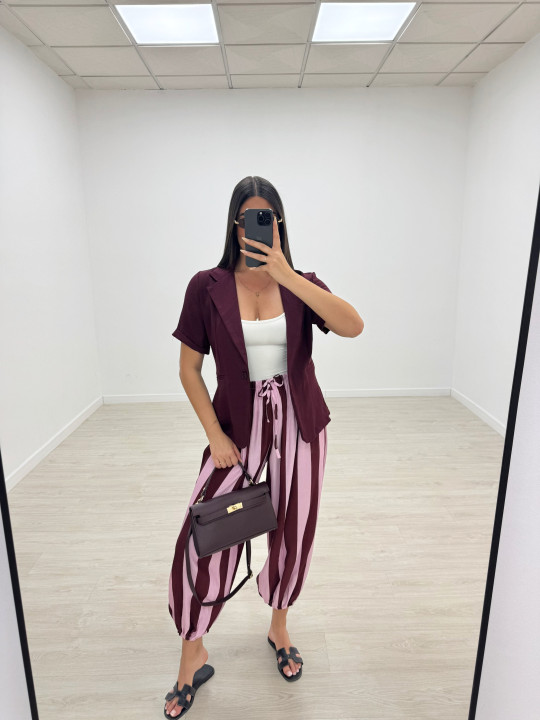 PANTALÓN GLOBO RAYAS BURDEOS + ROSA
