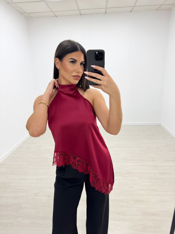 TOP HALTER ASIMÉTRICO ENCAJE - VINO