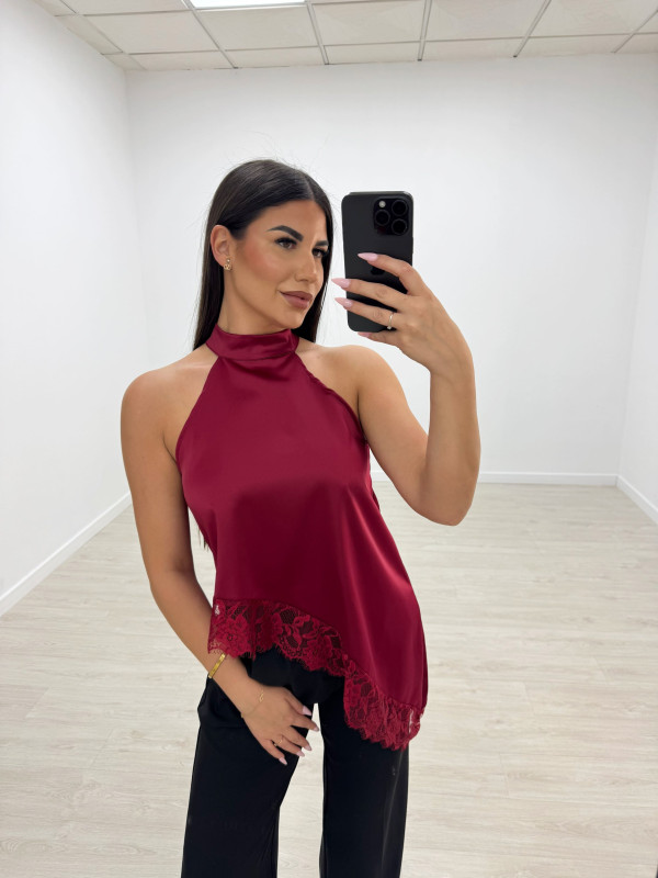 TOP HALTER ASIMÉTRICO ENCAJE - VINO