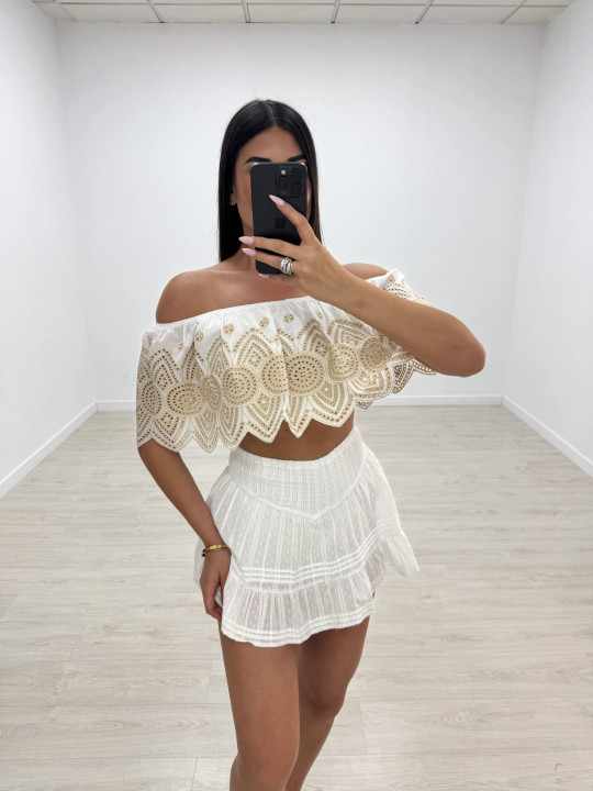 TOP BARDOT BORDADO - BLANCO Y BEIGE
