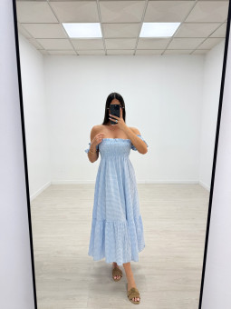 VESTIDO VICHY PANEL DE ABEJA - CELESTE