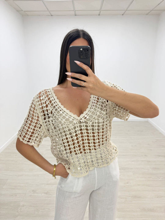CAMISETA CROCHET LENTEJUELA - BEIGE
