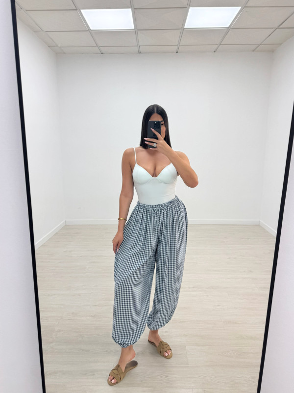 PANTALÓN VICHY GLOBO - AZUL