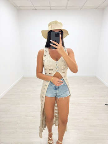 CHALECO LARGO CROCHET - BEIGE