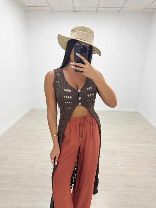 CHALECO LARGO CROCHET - MARRÓN