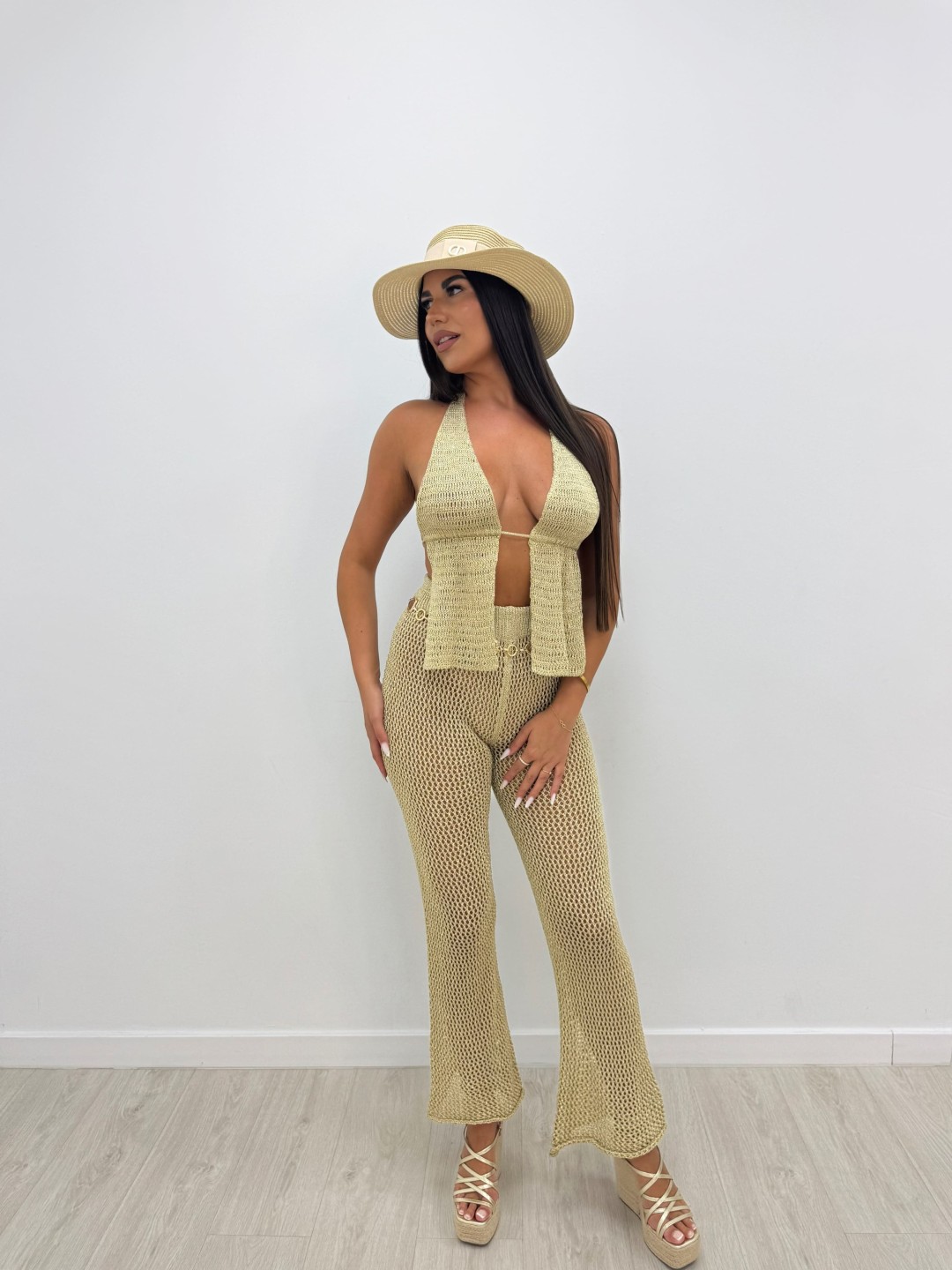 PANTALÓN CROCHET CALADO - DORADO