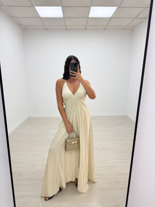 VESTIDO LARGO ABALORIOS - BEIGE