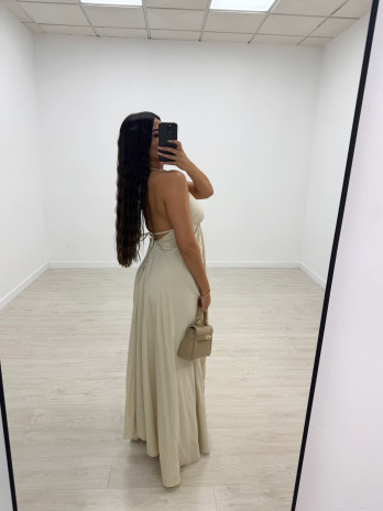 VESTIDO LARGO ABALORIOS - BEIGE