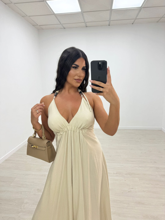 VESTIDO LARGO ABALORIOS - BEIGE