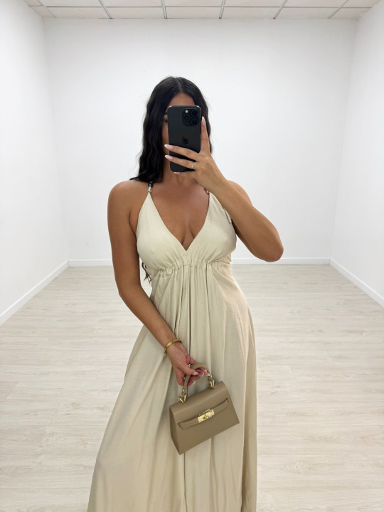 VESTIDO LARGO ABALORIOS - BEIGE