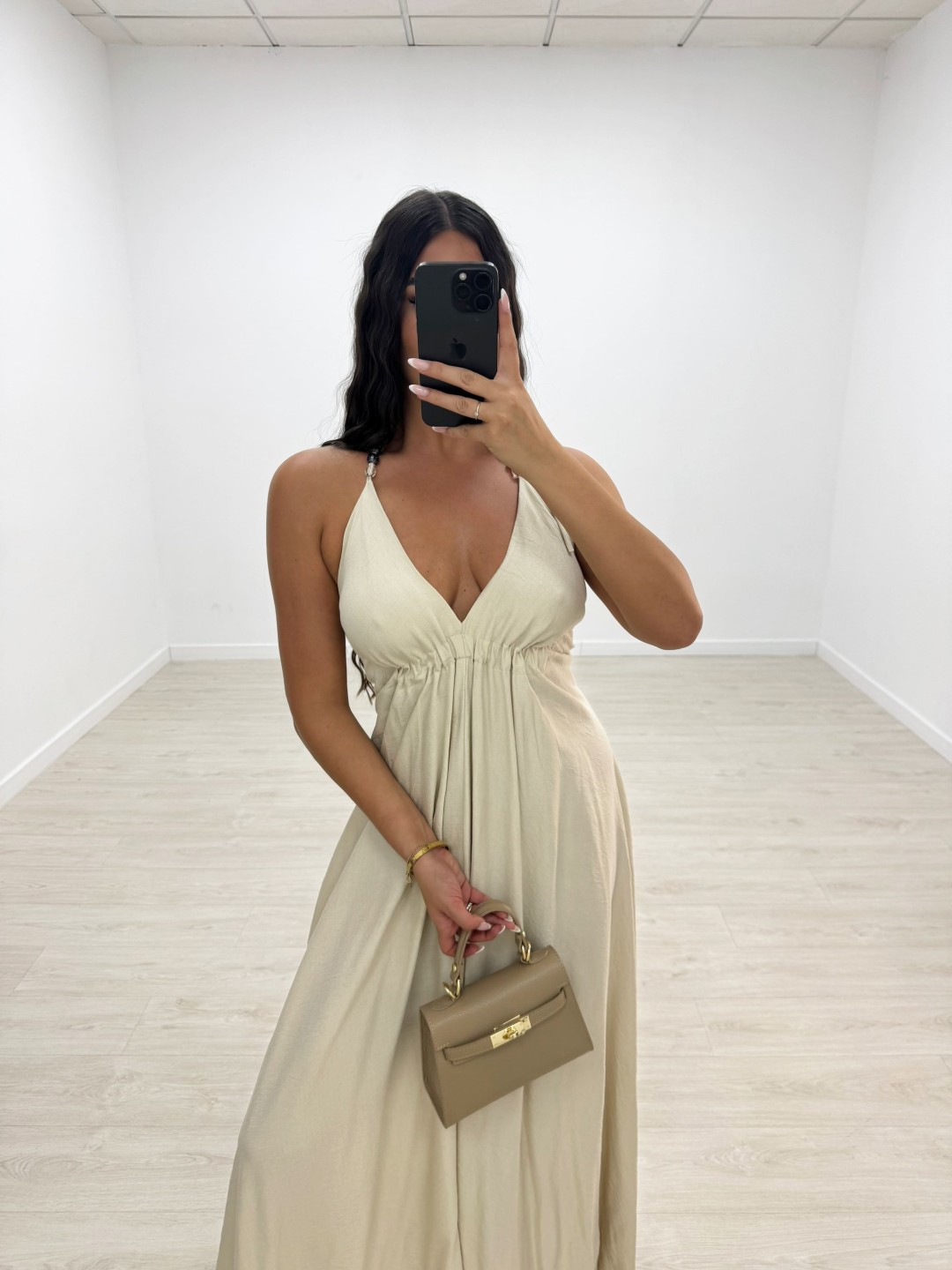 VESTIDO LARGO ABALORIOS - BEIGE