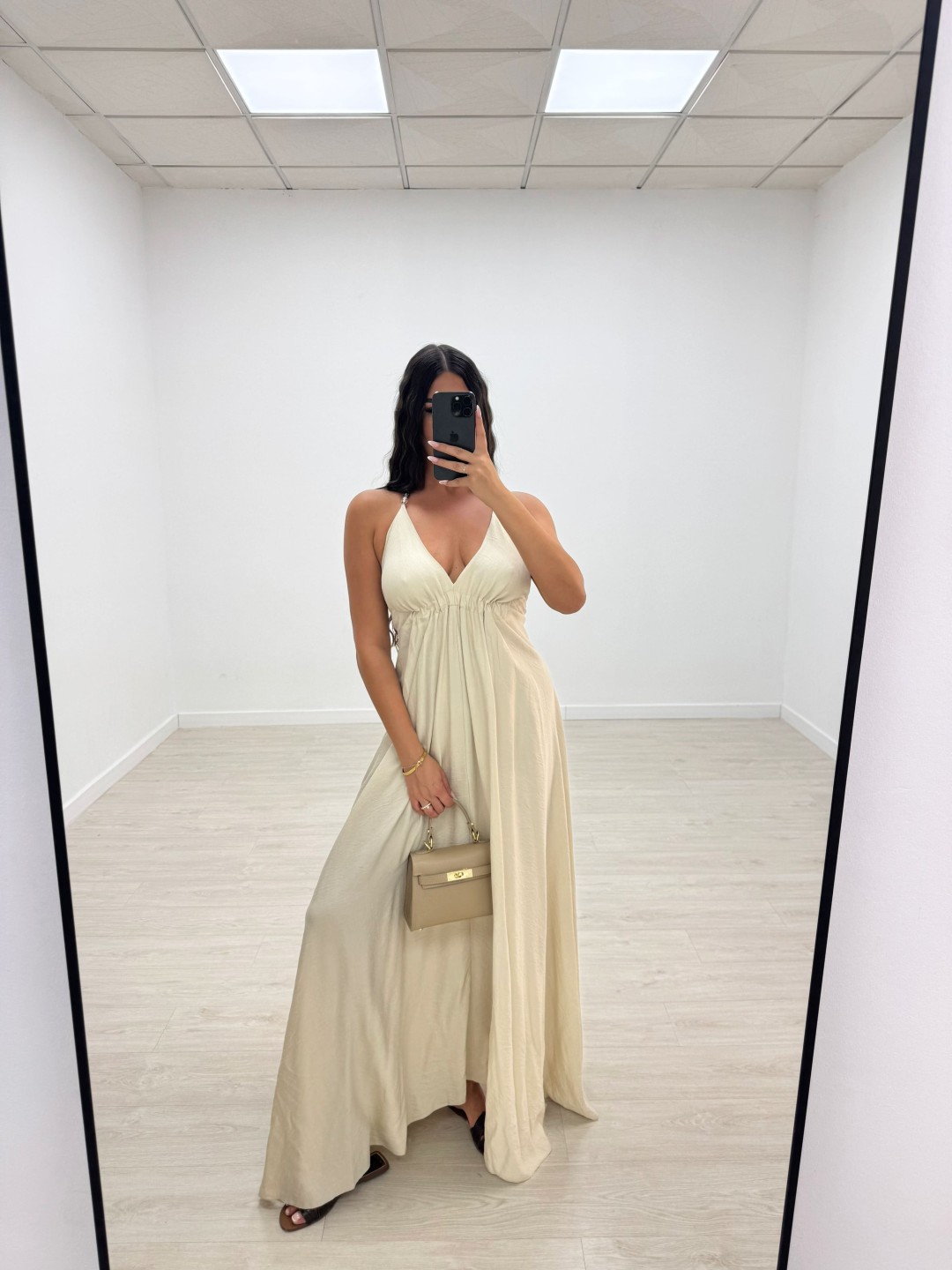 VESTIDO LARGO ABALORIOS - BEIGE