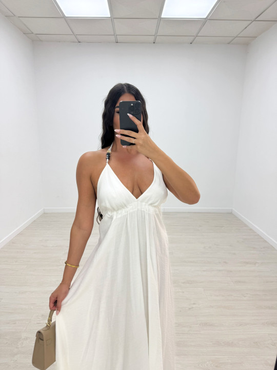 VESTIDO LARGO ABALORIOS - BLANCO