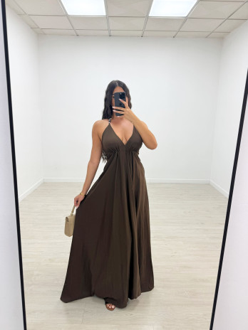 VESTIDO LARGO ABALORIOS - MARRÓN