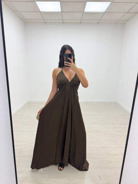 VESTIDO LARGO ABALORIOS - MARRÓN