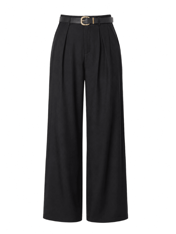 PANTALÓN DE VESTIR EFECTO LINO + CINTURÓN - NEGRO