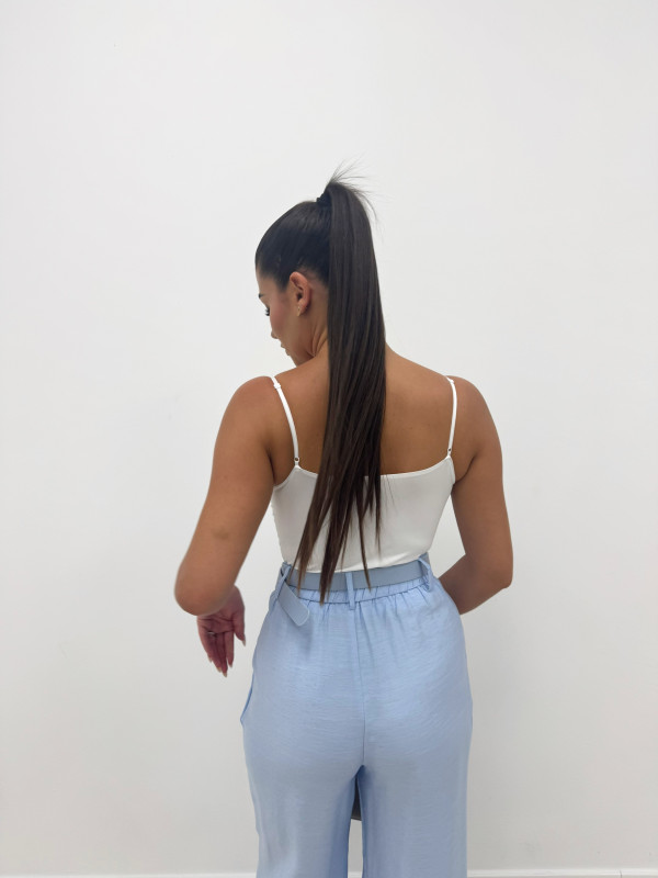 PANTALÓN DE VESTIR EFECTO LINO + CINTURÓN - CELESTE