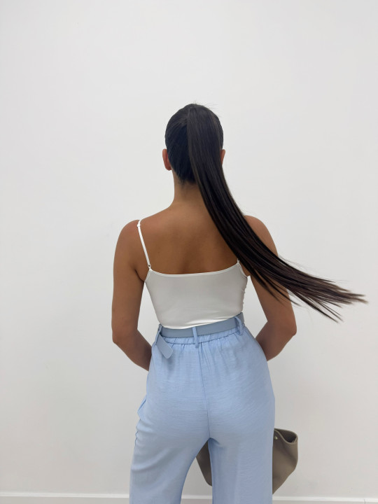 PANTALÓN DE VESTIR EFECTO LINO + CINTURÓN - CELESTE