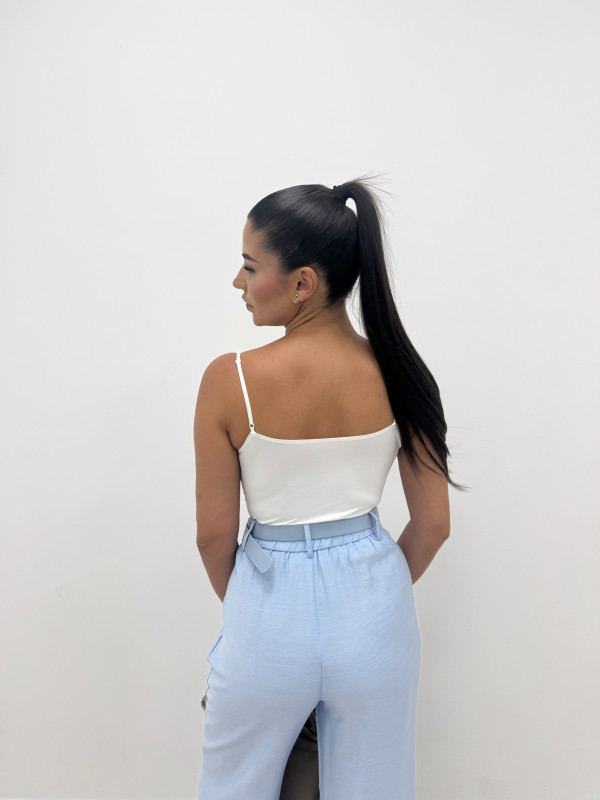 PANTALÓN DE VESTIR EFECTO LINO + CINTURÓN - CELESTE