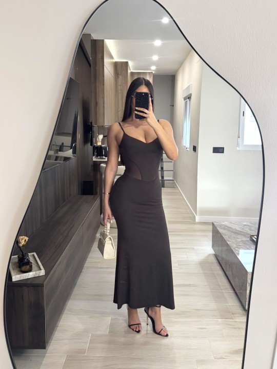 VESTIDO MIDI COMBINADO TUL - MARRÓN