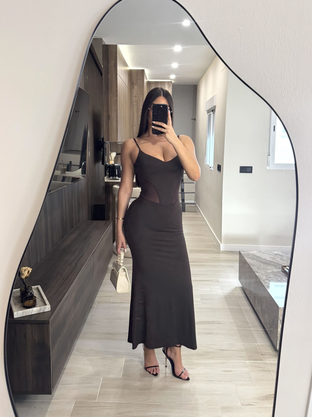 VESTIDO MIDI COMBINADO TUL - MARRÓN