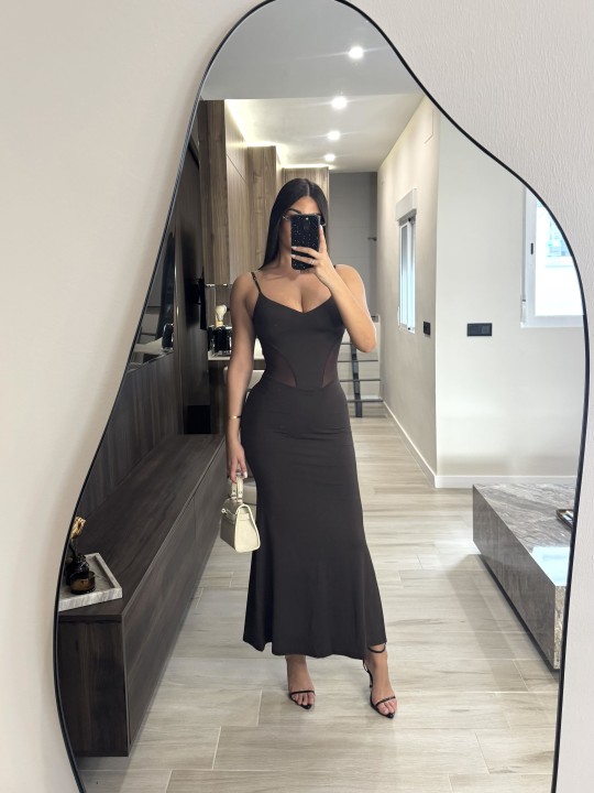 VESTIDO MIDI COMBINADO TUL - MARRÓN