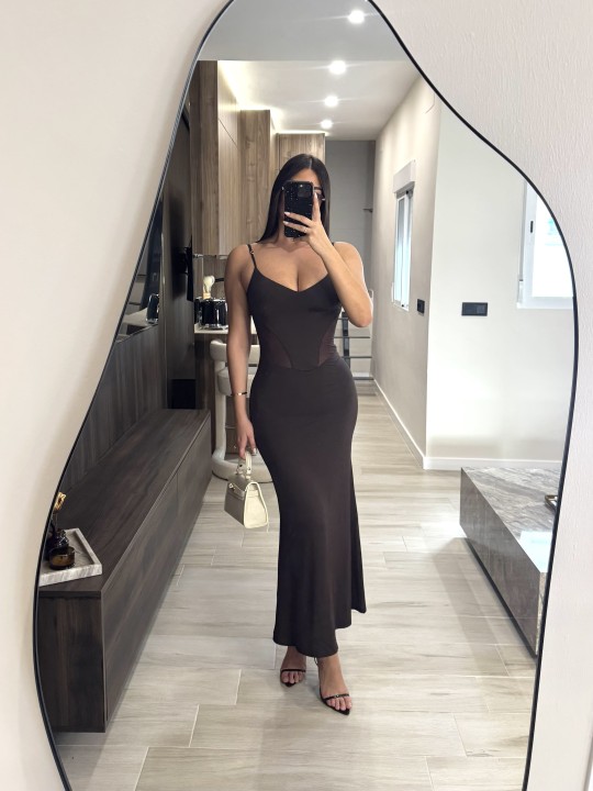 VESTIDO MIDI COMBINADO TUL - MARRÓN