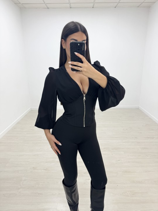 TOP BLUSA GASA CREMALLERA - NEGRO