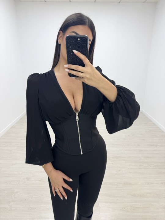 TOP BLUSA GASA CREMALLERA - NEGRO